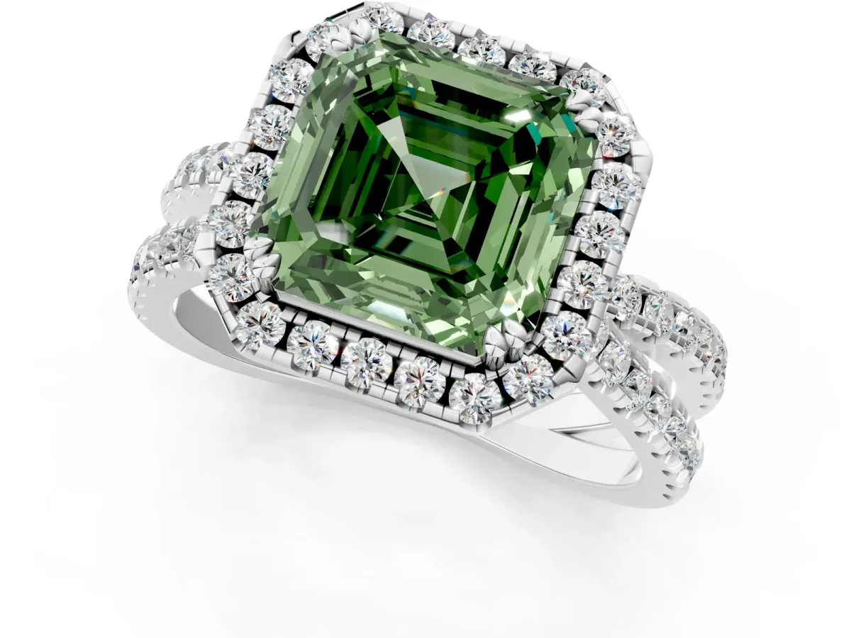 Fancy Green Asscher Cut Halo Split Shank Diamond Ring with Pavé Setting Platinum