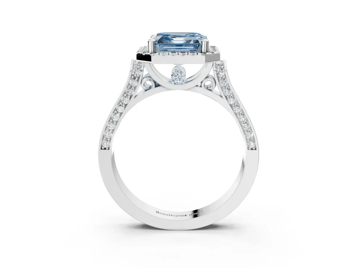Fancy Blue Asscher Cut Halo Pave Split Shank Prong Setting Ring Platinum