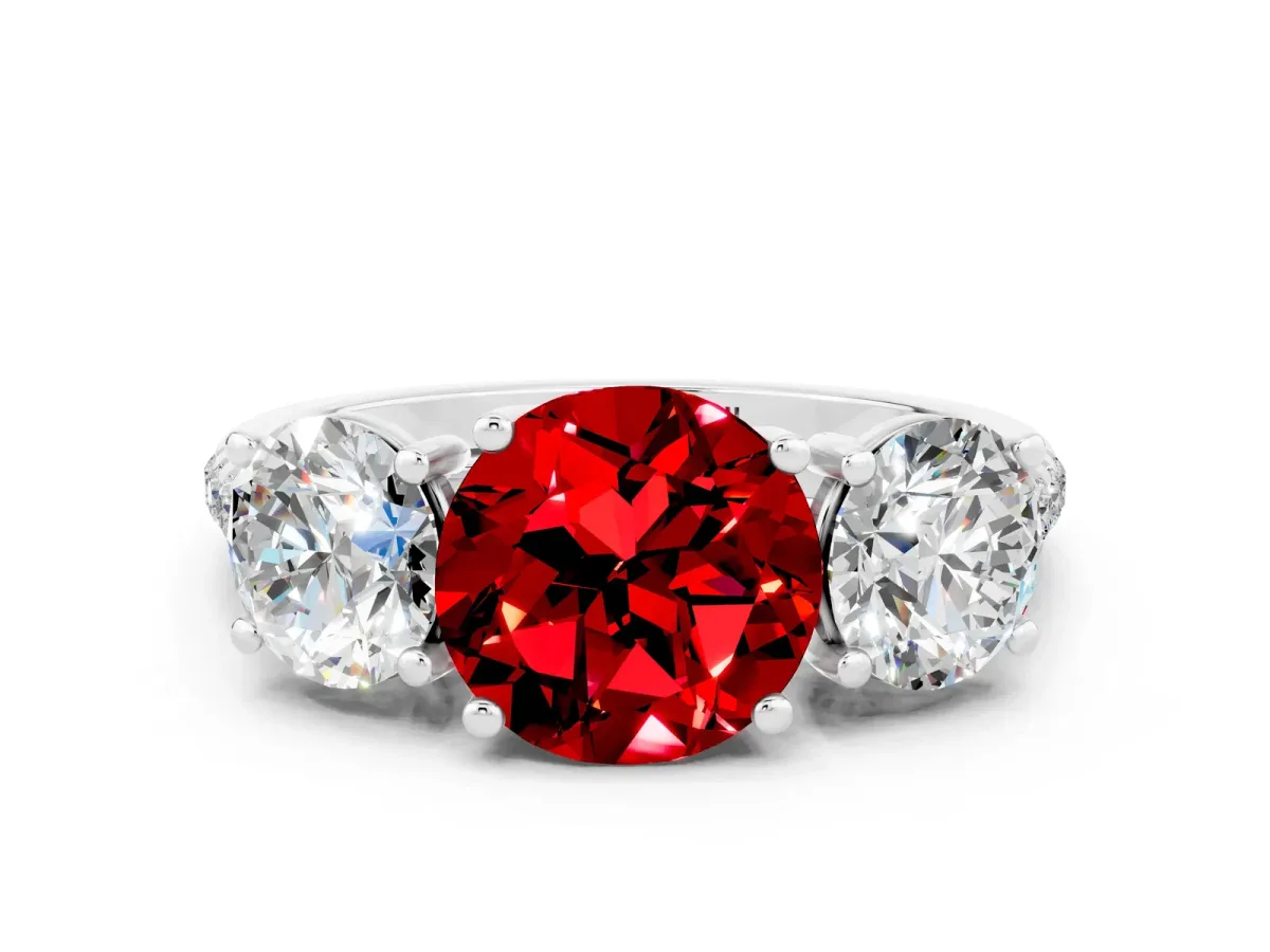 Three-Stone Round Cut Ruby Ring with Round Pavé Band and Prong Setting White gold