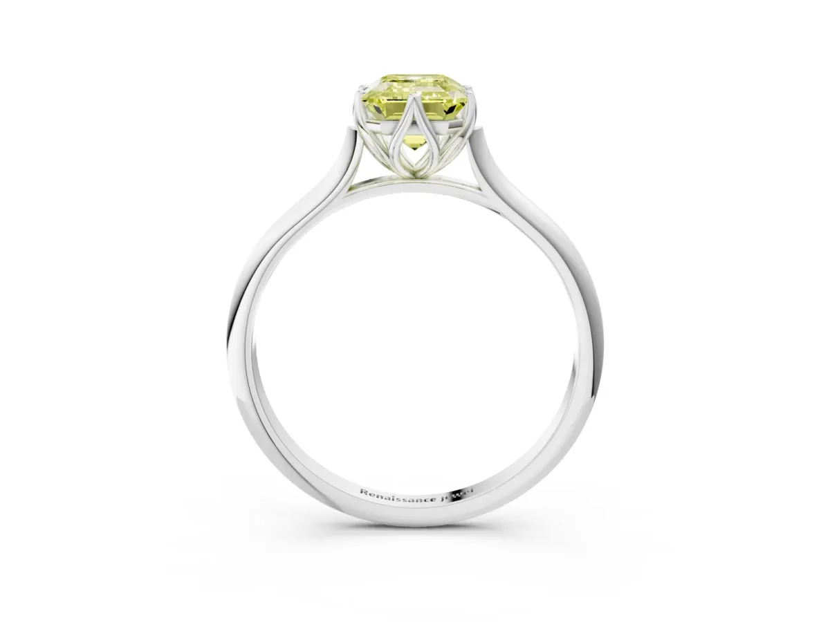 Fancy Yellow Emerald Cut Solitaire Cathedral Diamond Ring with Six-Prong Setting Silver