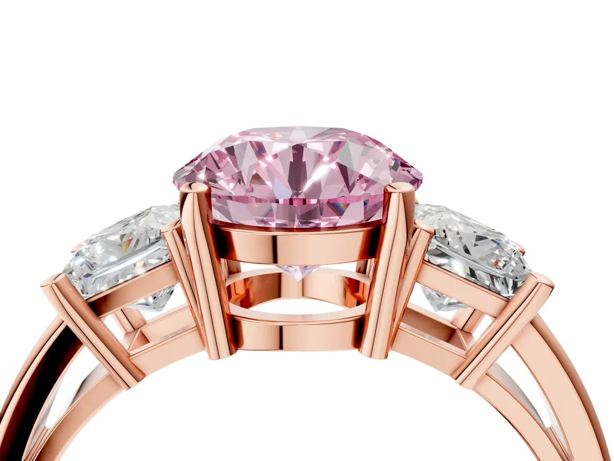 Fancy Pink Three-Stone Round Cut Cut Solitaire Ring with Prong Setting Rose gold