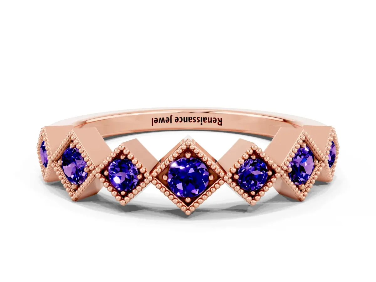 Milgrain Square Bezel Round Tanzanite Chevron Band Rose gold