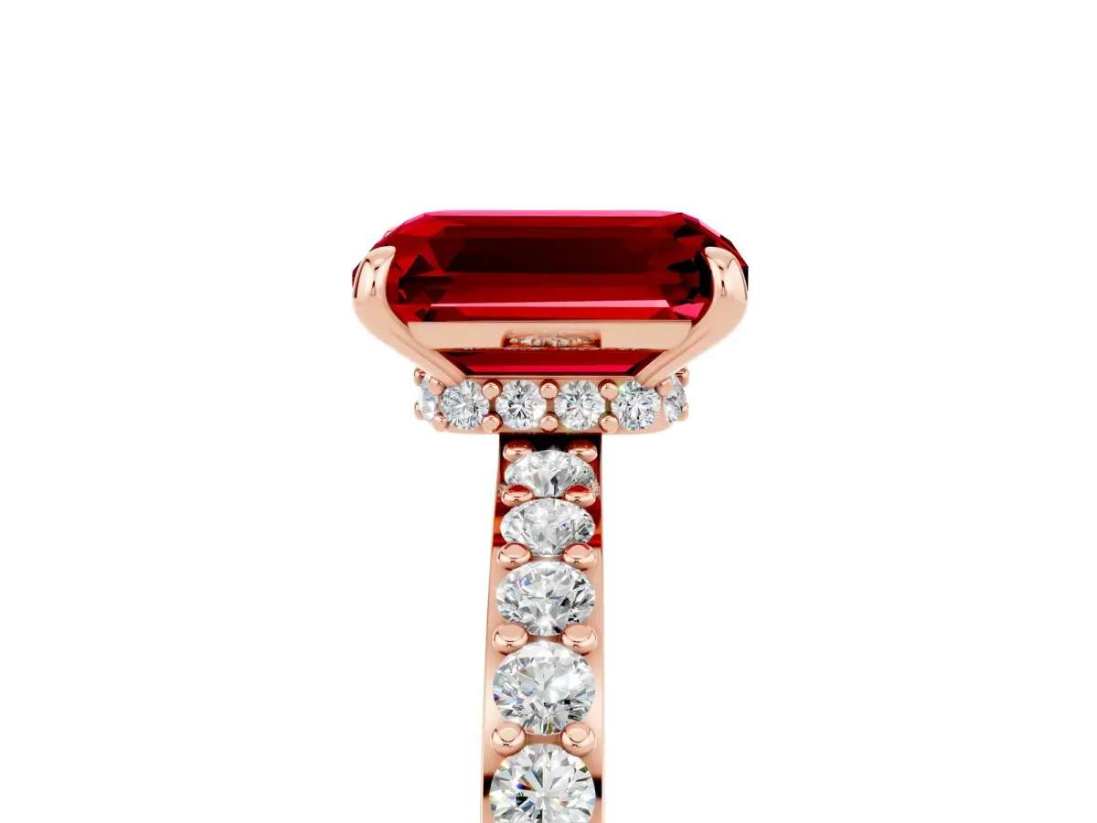 Emerald Cut Ruby Solitaire Engagement Ring with Pavé Band and Four-Prong Setting Rose gold