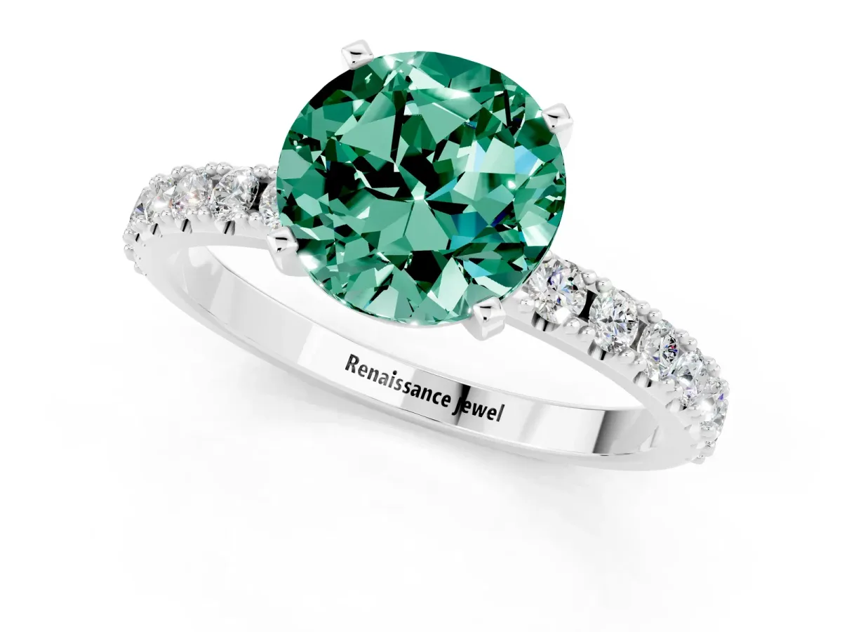 Round Cut Green Sapphire Solitaire Pavé Band with Four-Prong Setting Silver