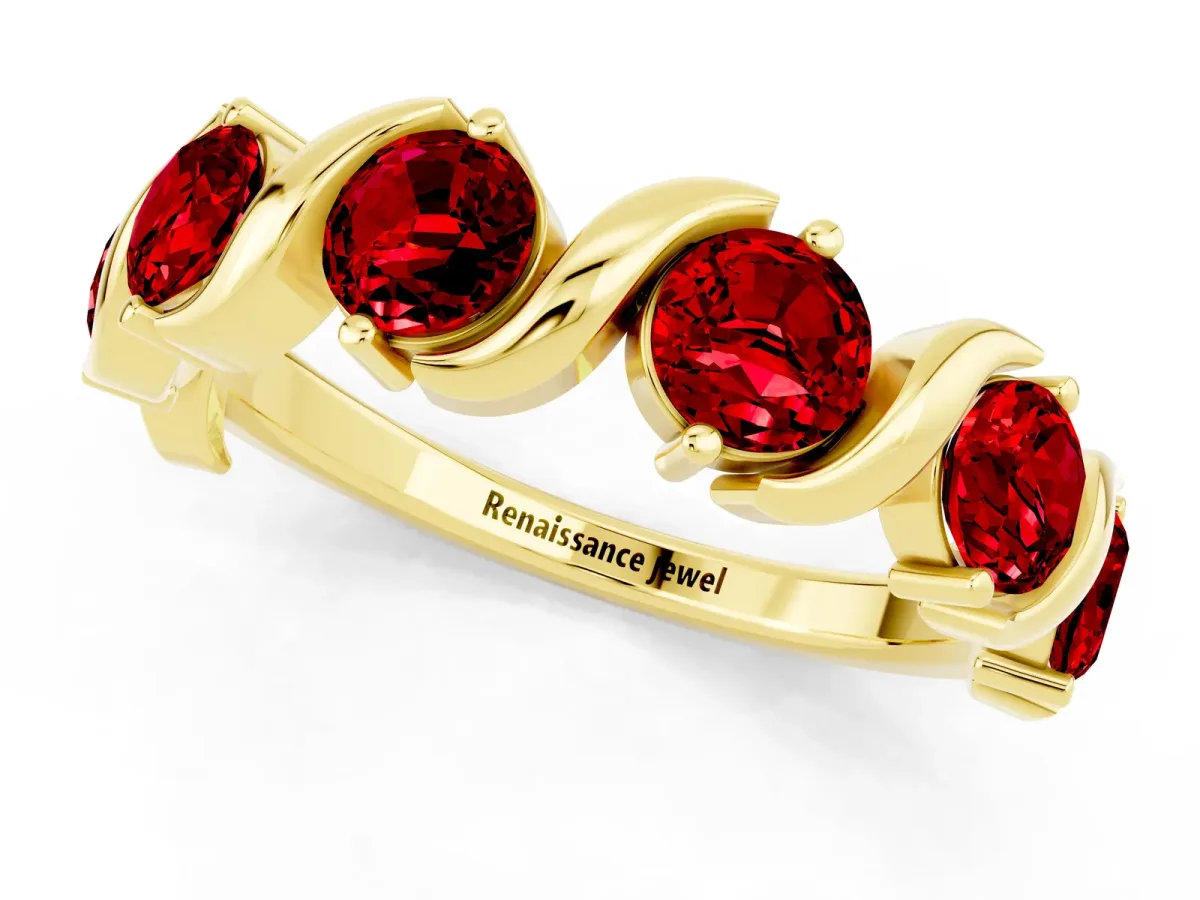 Six-Stone Round Ruby Wave Band with Shared Prong Setting Yellow gold