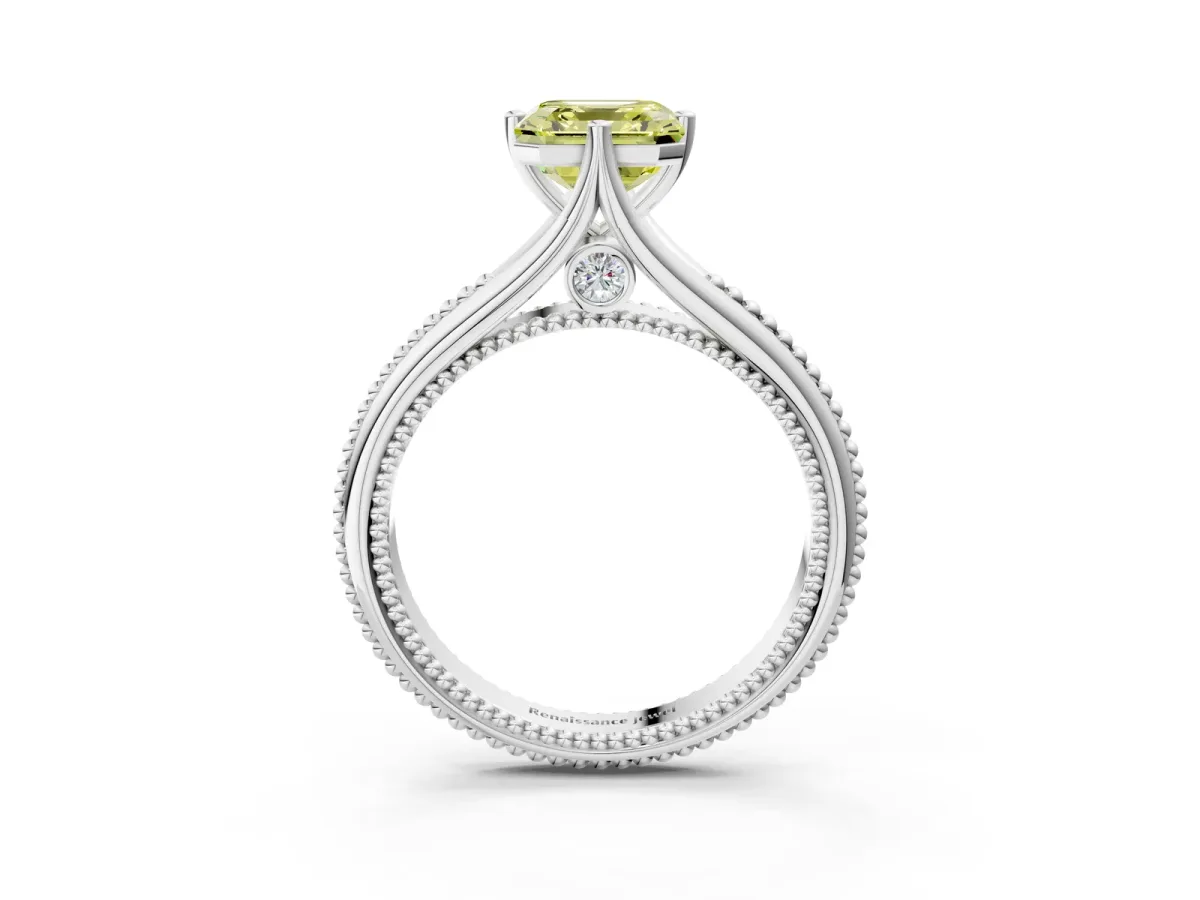 Fancy Yellow Asscher Cut Solitaire Beaded Band Six-Prong Setting Platinum