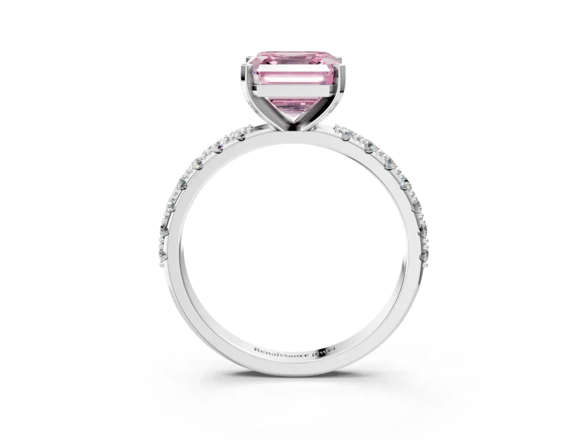 Fancy Pink Asscher Cut Diamond Solitaire Pavé Band with Four-Prong Setting Silver