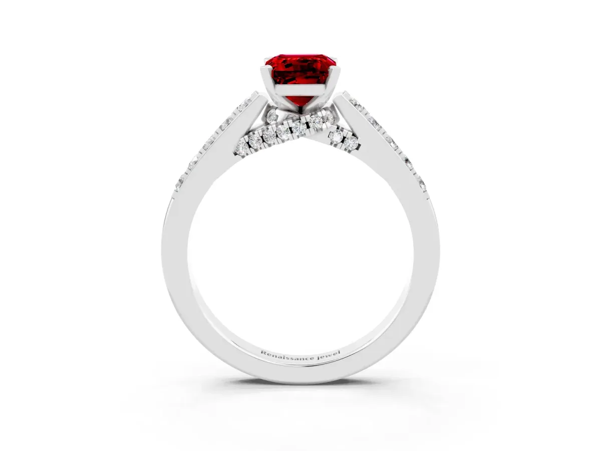 Emerald Cut Ruby Solitaire Ring with Crossover Gallery and Round Pavé Band Silver