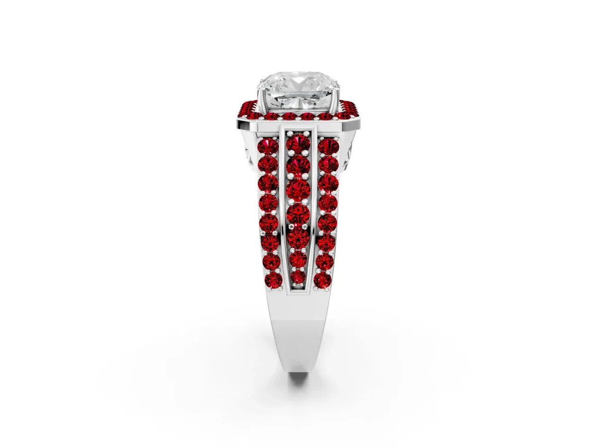 Cushion Cut Halo Diamond Ring with Round Ruby Split Shank and Prong Setting Platinum