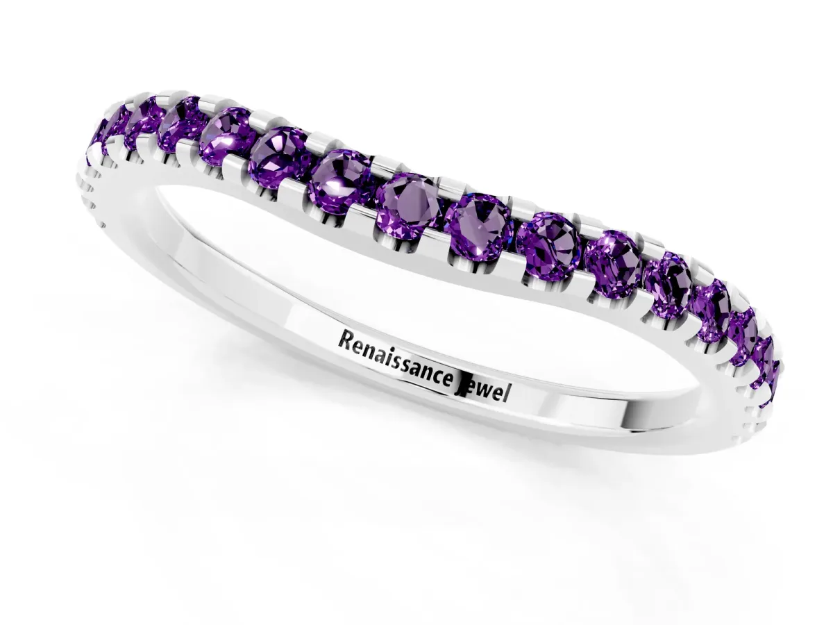 Round Amethyst Pavé Curved Wedding Band Platinum
