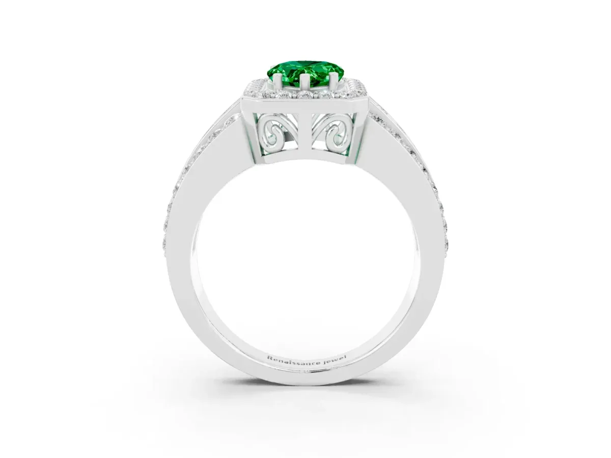 Pear Cut Halo Emerald Ring with Round Split Shank and Prong Setting Silver