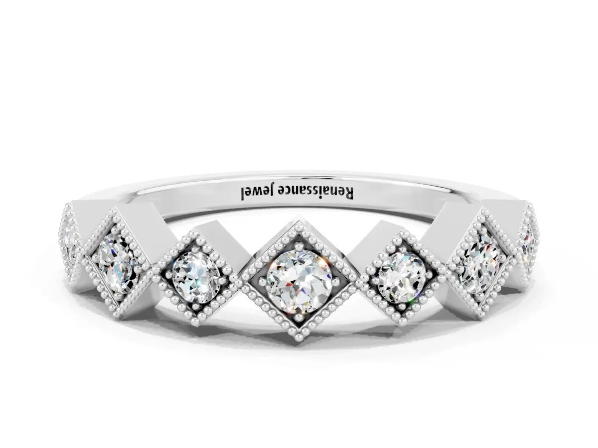 Milgrain Square Bezel Round Moissanite Chevron Band Silver