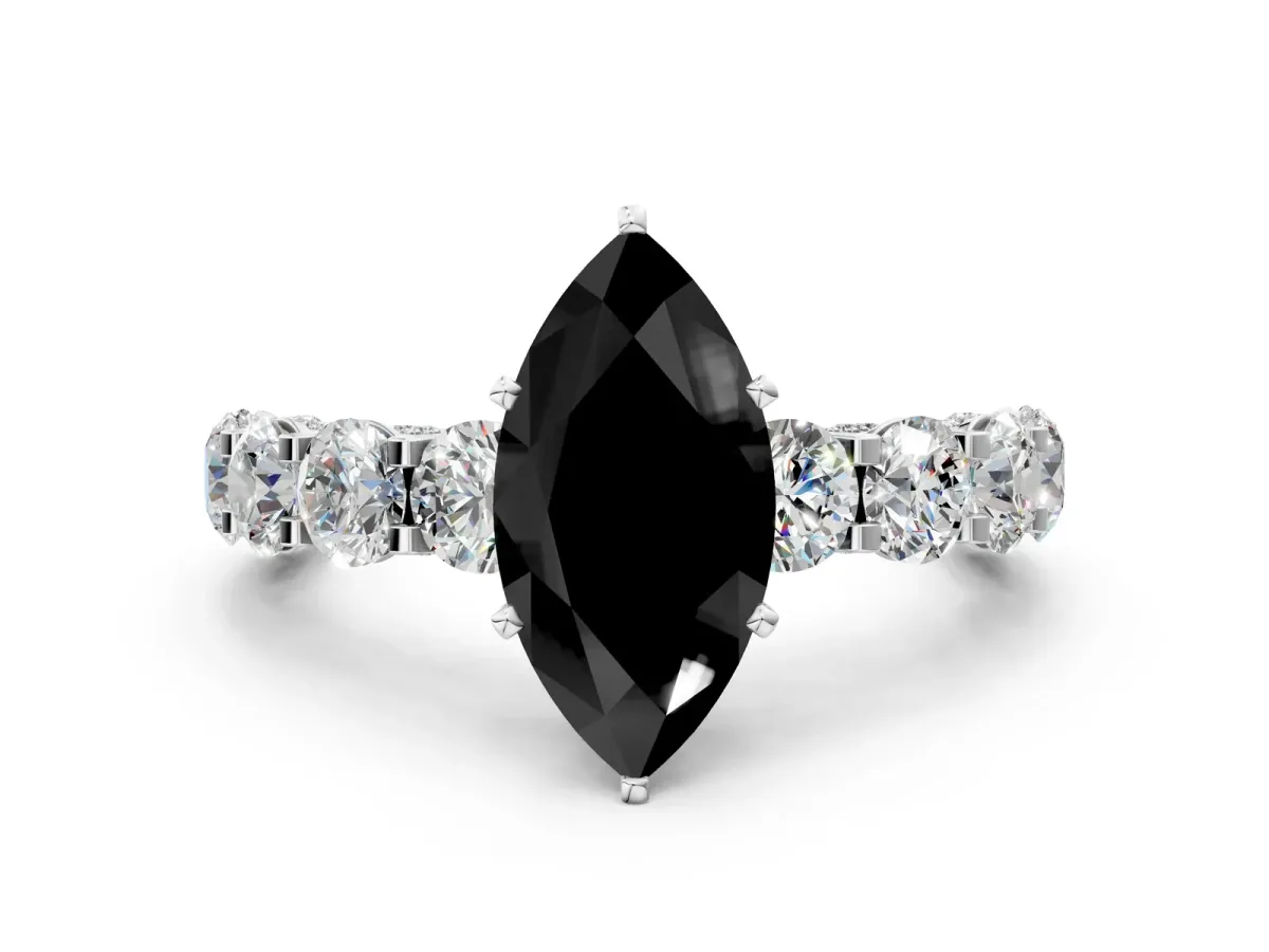 Fancy Black Marquise Cut Diamond Side Stone Engagement Ring with Four-Prong Setting White gold