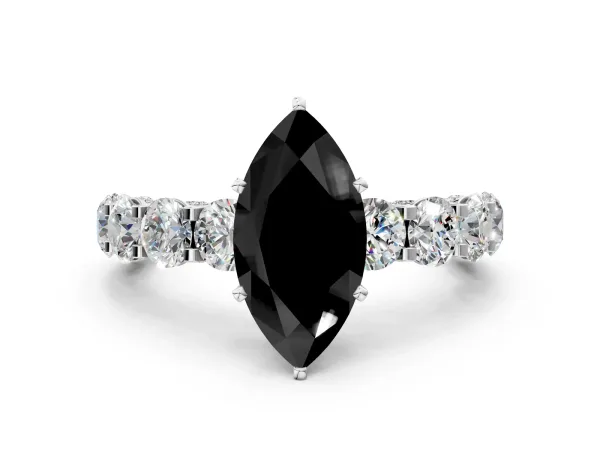 Fancy Black Marquise Cut Diamond Side Stone Engagement Ring with Four-Prong Setting White gold
