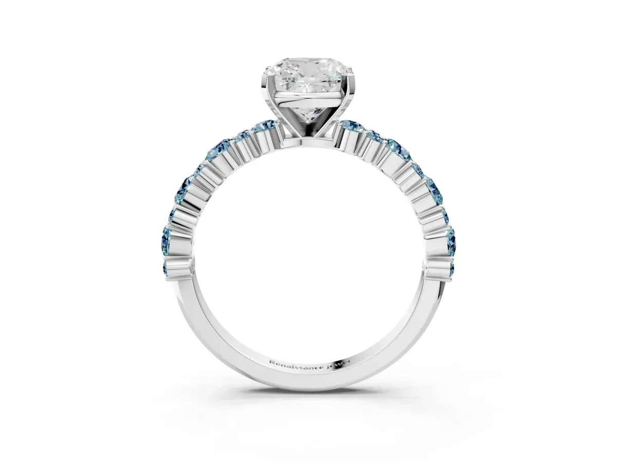 Cushion Cut Diamond Side Stone Solitaire Ring with Round Aquamarine and Four-Prong Setting Silver