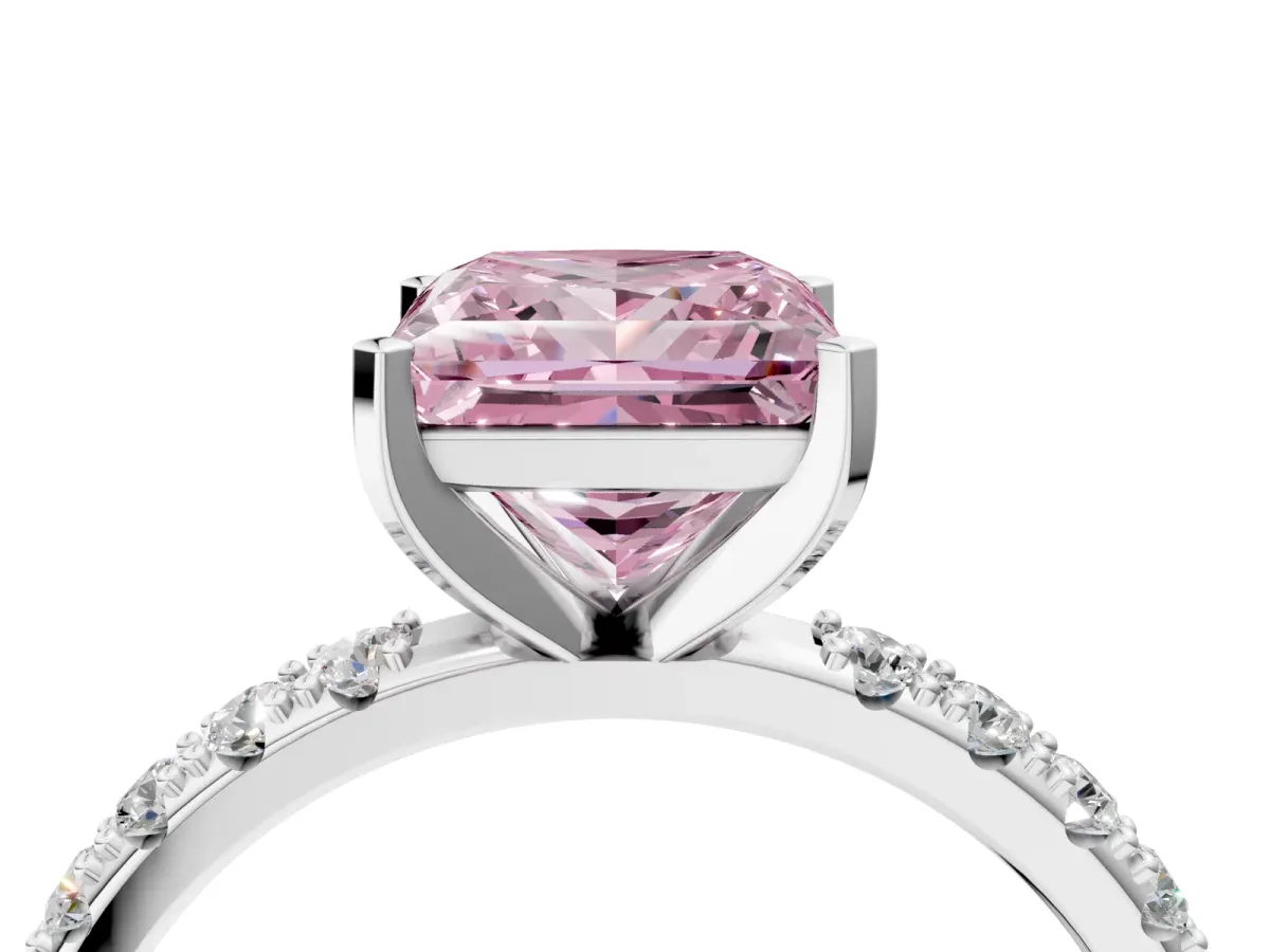 Fancy Pink Princess Cut Diamond Solitaire Pavé Band with Four-Prong Setting Silver