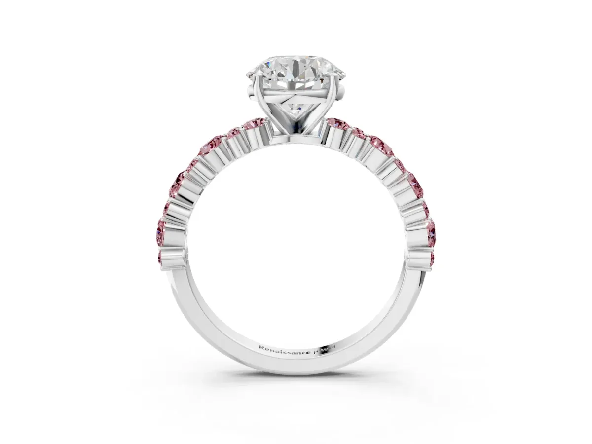 Round Cut Diamond Side Stone Solitaire Ring with Round Morganite and Four-Prong Setting Silver
