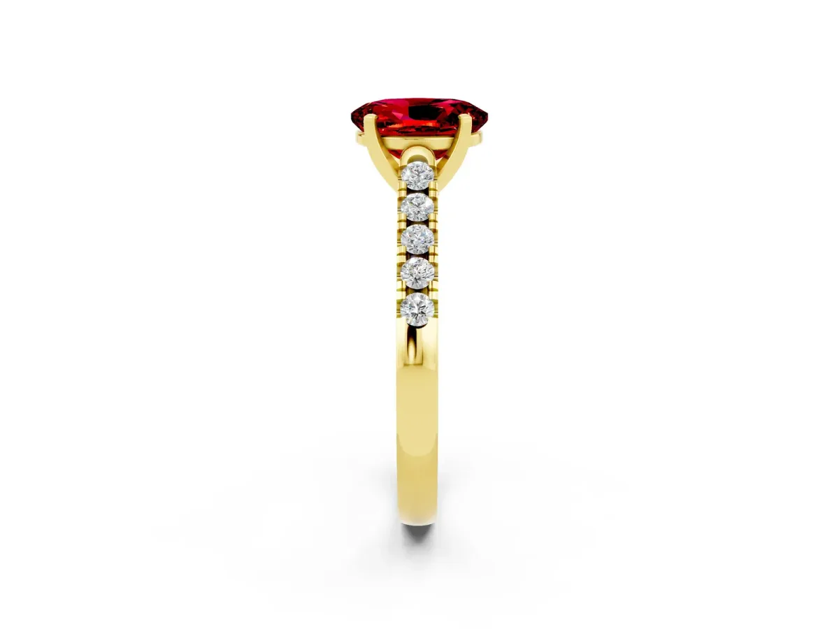 Oval Cut Ruby Pavé Band Solitaire Ring with Prong Setting Yellow gold