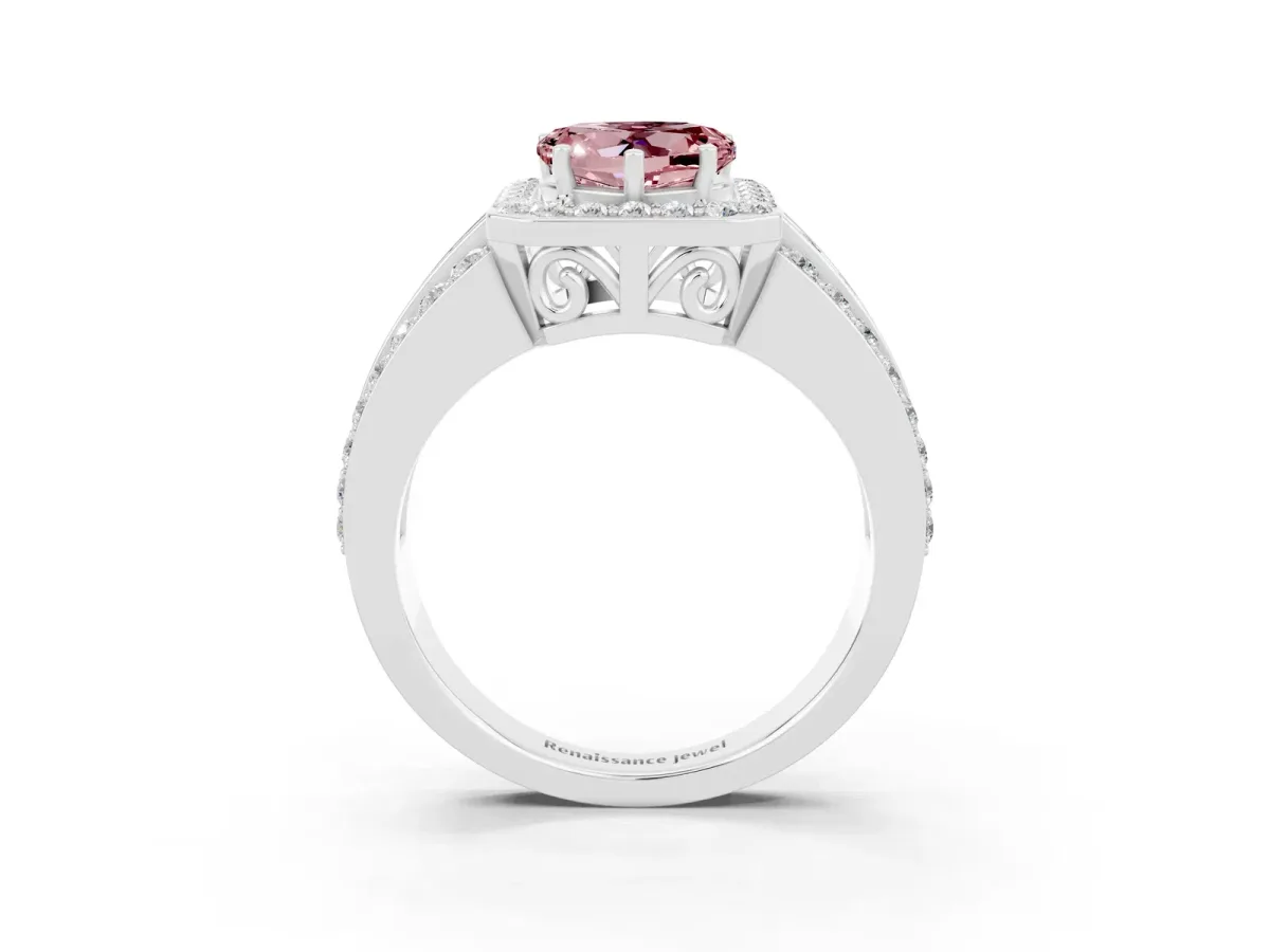Heart Cut Halo Morganite Ring with Round Split Shank and Prong Setting Silver