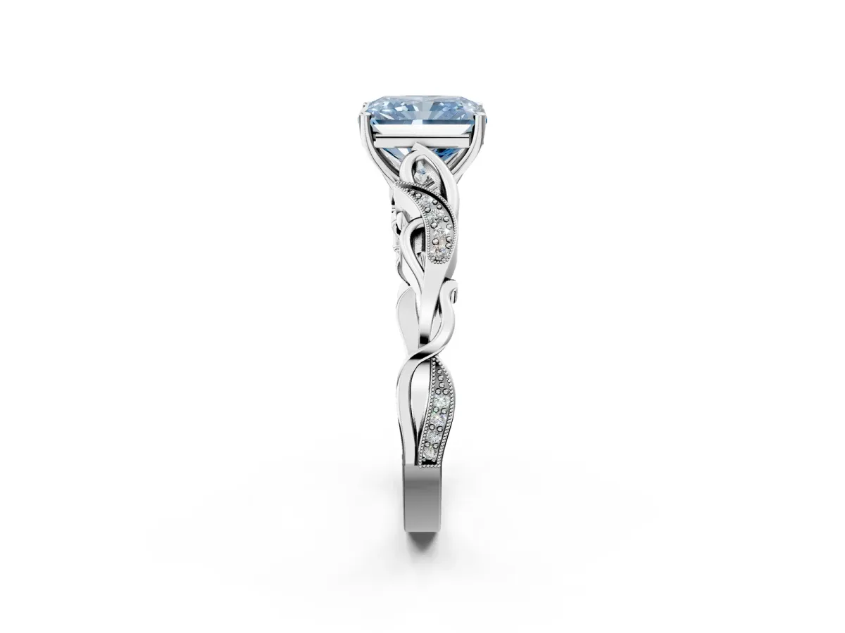 Fancy Blue Radiant Cut Solitaire Vine Band with Milgrain Prong Setting Platinum