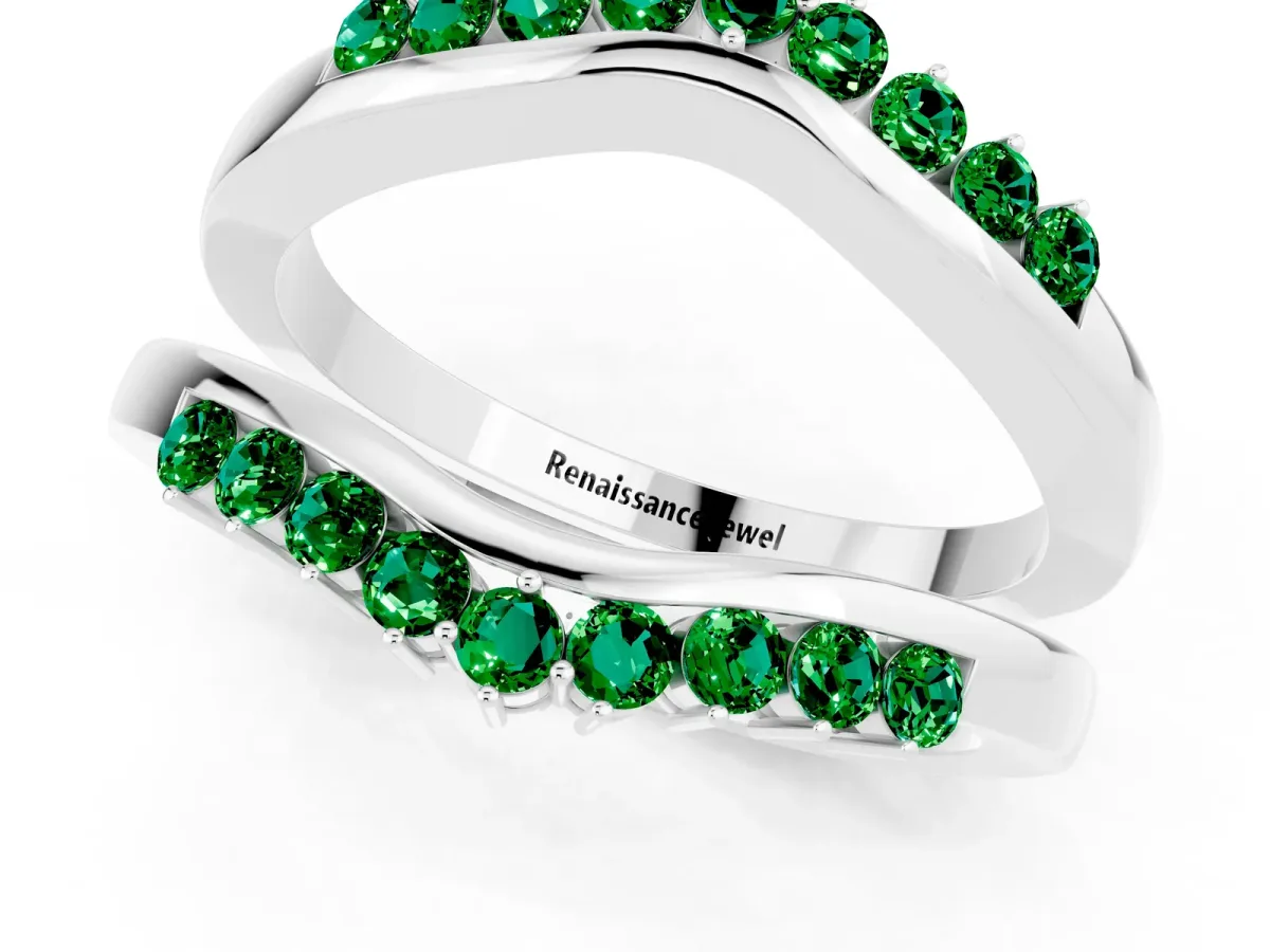 Round Emerald Chevron Contour Band with Prong Setting Silver