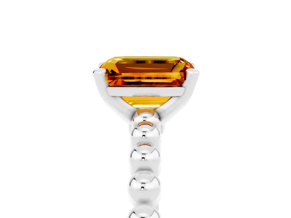 Emerald Cut Citrine Solitaire Ring with Beaded Band and Prong Setting Silver