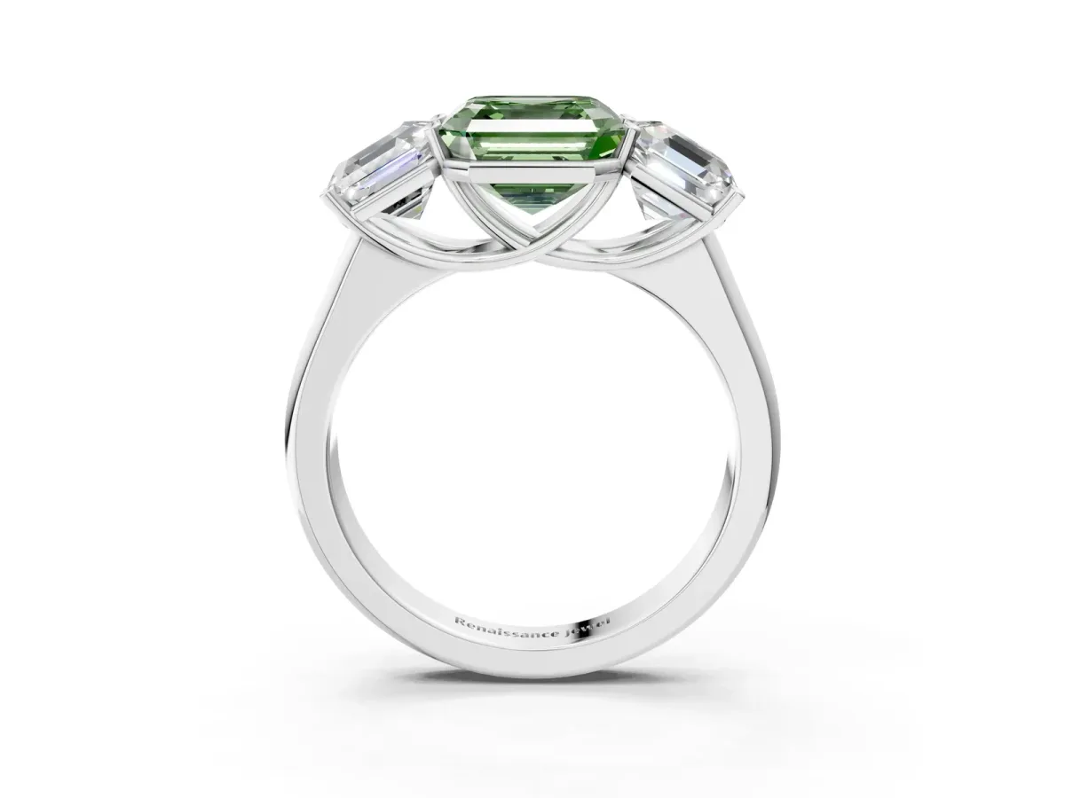 Fancy Green Asscher Cut Three-Stone Diamond Ring with Prong Setting on a Classic Band Platinum