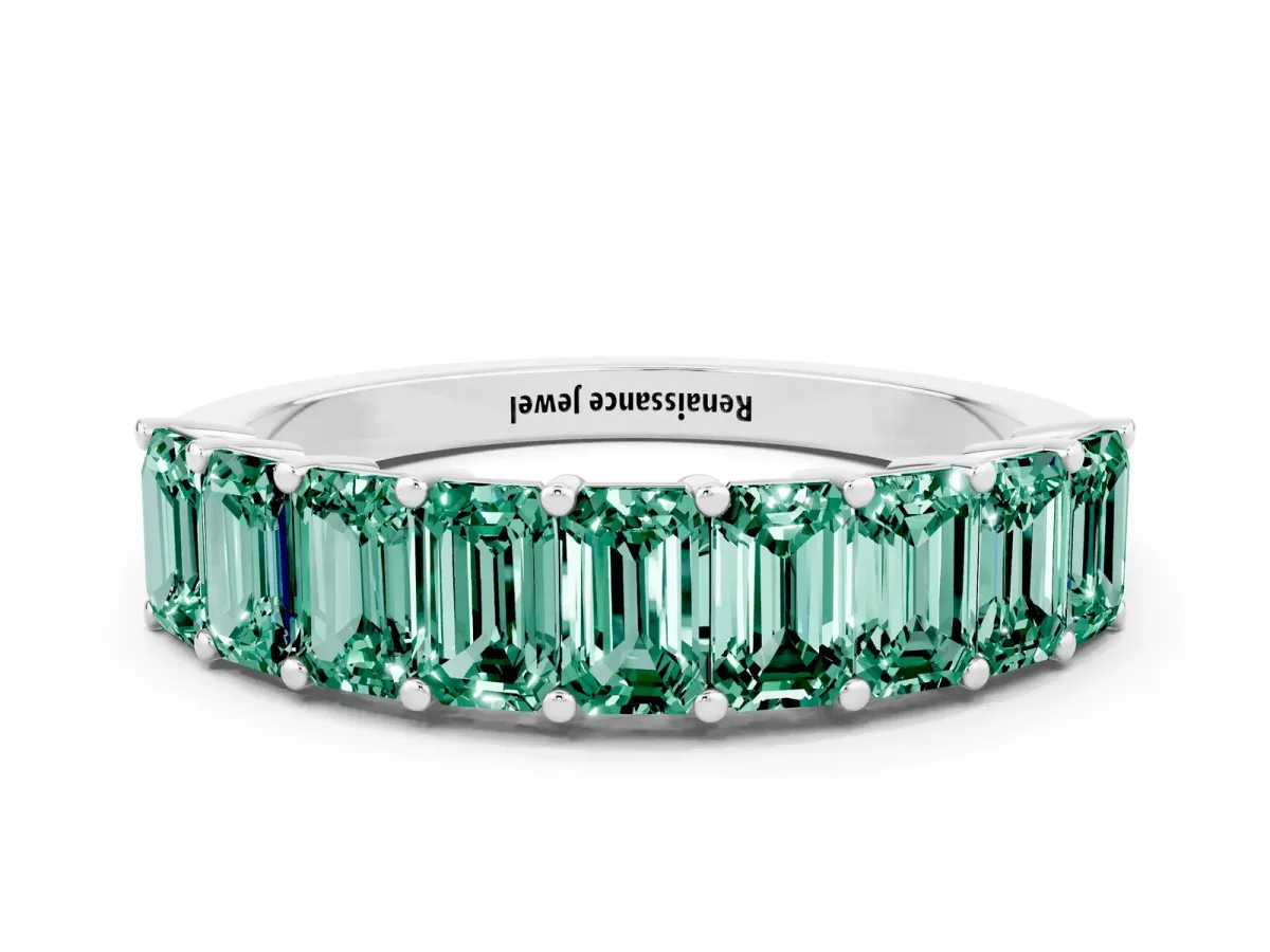 Emerald Cut Green Sapphire Prong-Set Eternity Band Silver