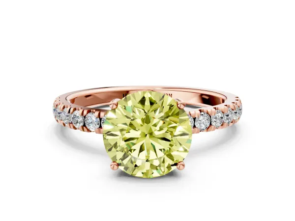 Fancy Yellow Round Cut Diamond Pave Band Solitaire Ring with Round and Prong Setting Rose gold