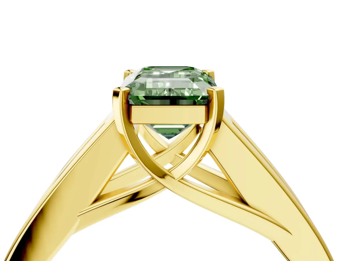 Fancy Green Emerald Cut Cut Channel Set Solitaire Ring with Four-Prong Setting Yellow gold