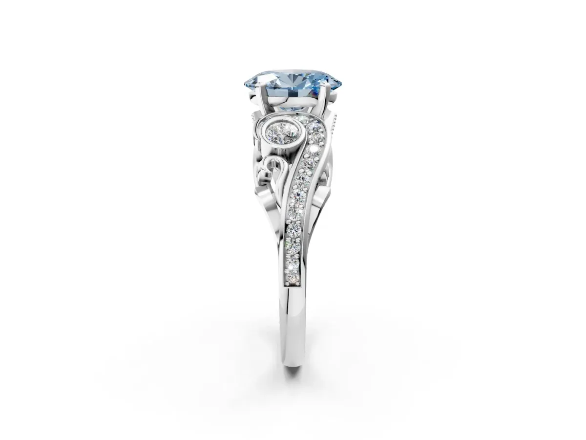 Fancy Blue Oval Cut Diamond Solitaire Ring with Milgrain Pavé Band and Four-Prong Setting Silver