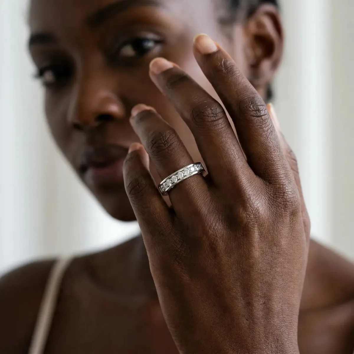 Channel-Set Round Diamond Eternity Band with Shared Prong Setting Silver