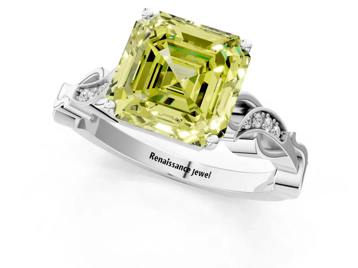 Fancy Yellow Asscher Cut Solitaire Vine Band with Milgrain Prong Setting Platinum