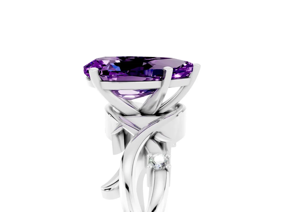 Pear Cut Amethyst Solitaire Ring with Twisted Band and Prong Setting Platinum