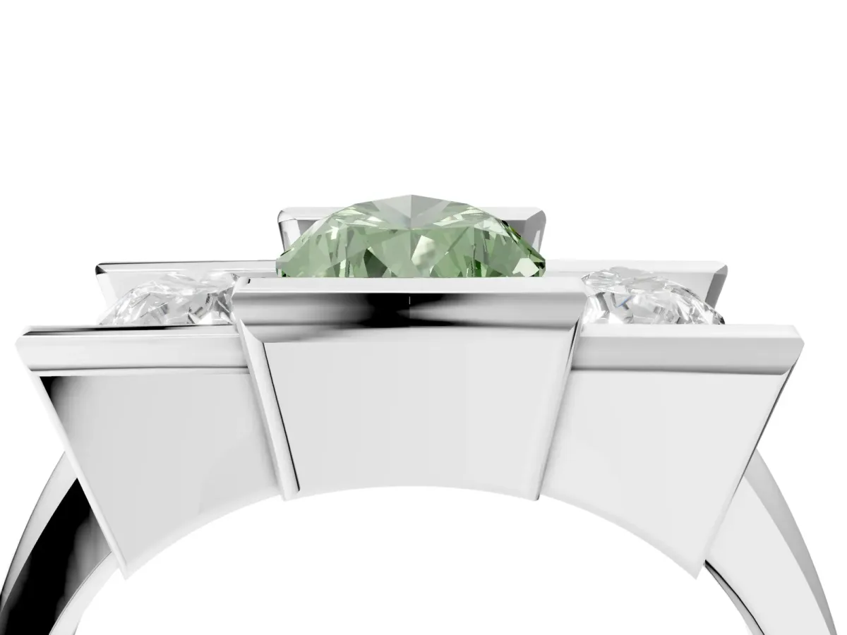 Fancy Green Three Stone Pear Cut Cut Channel Set Diamond Ring Silver