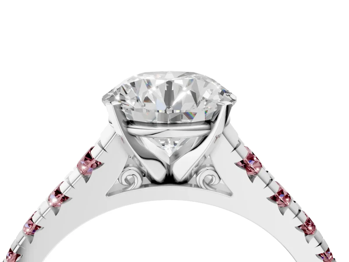Round Cut Diamond Cathedral Solitaire Ring with Round Morganite Pavé Band Silver