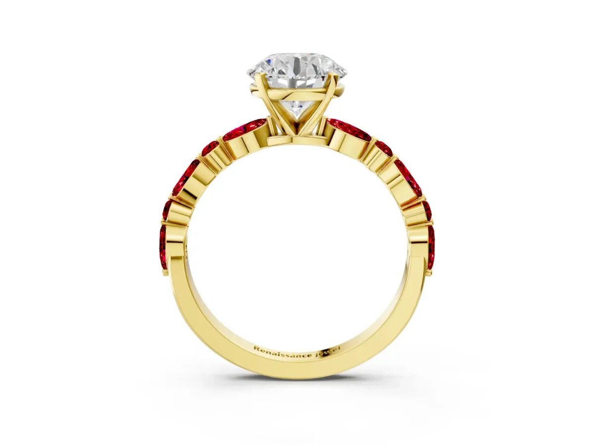 Round Cut Diamond Ring with Marquise and Round Ruby Side Stones and Four-Prong Setting Yellow gold