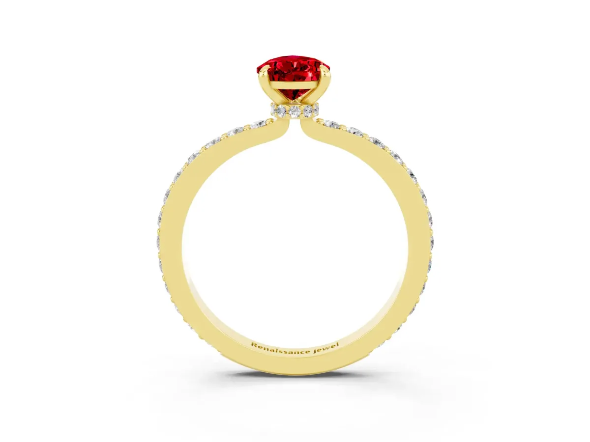 Pear Cut Ruby Solitaire Engagement Ring with Pavé Band and Four-Prong Setting Yellow gold