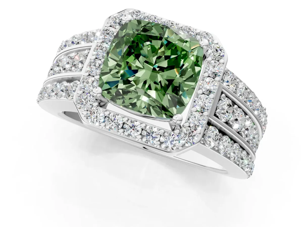 Fancy Green Cushion Cut Halo Diamond Ring with Round Split Shank and Prong Setting Platinum
