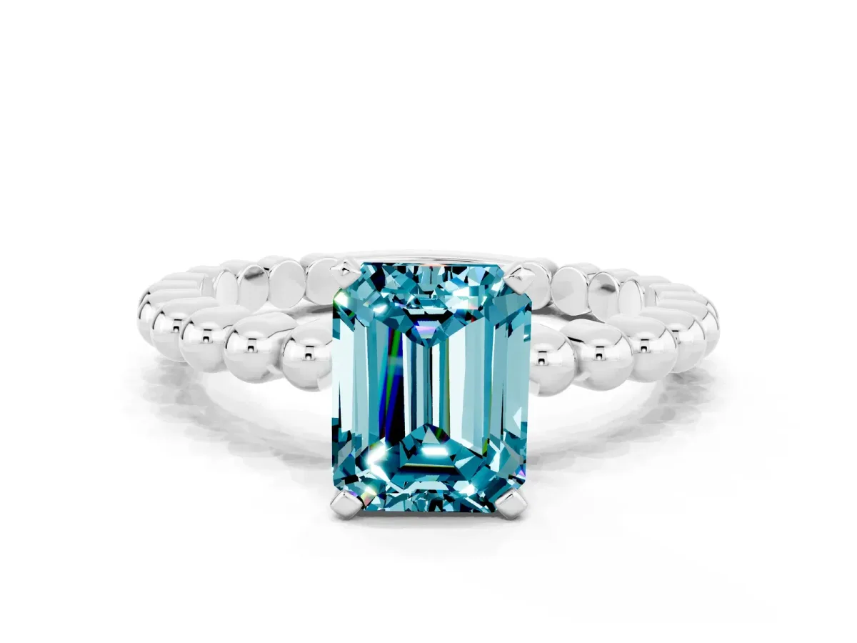 Emerald Cut Blue Topaz Solitaire Ring with Beaded Band and Prong Setting Silver