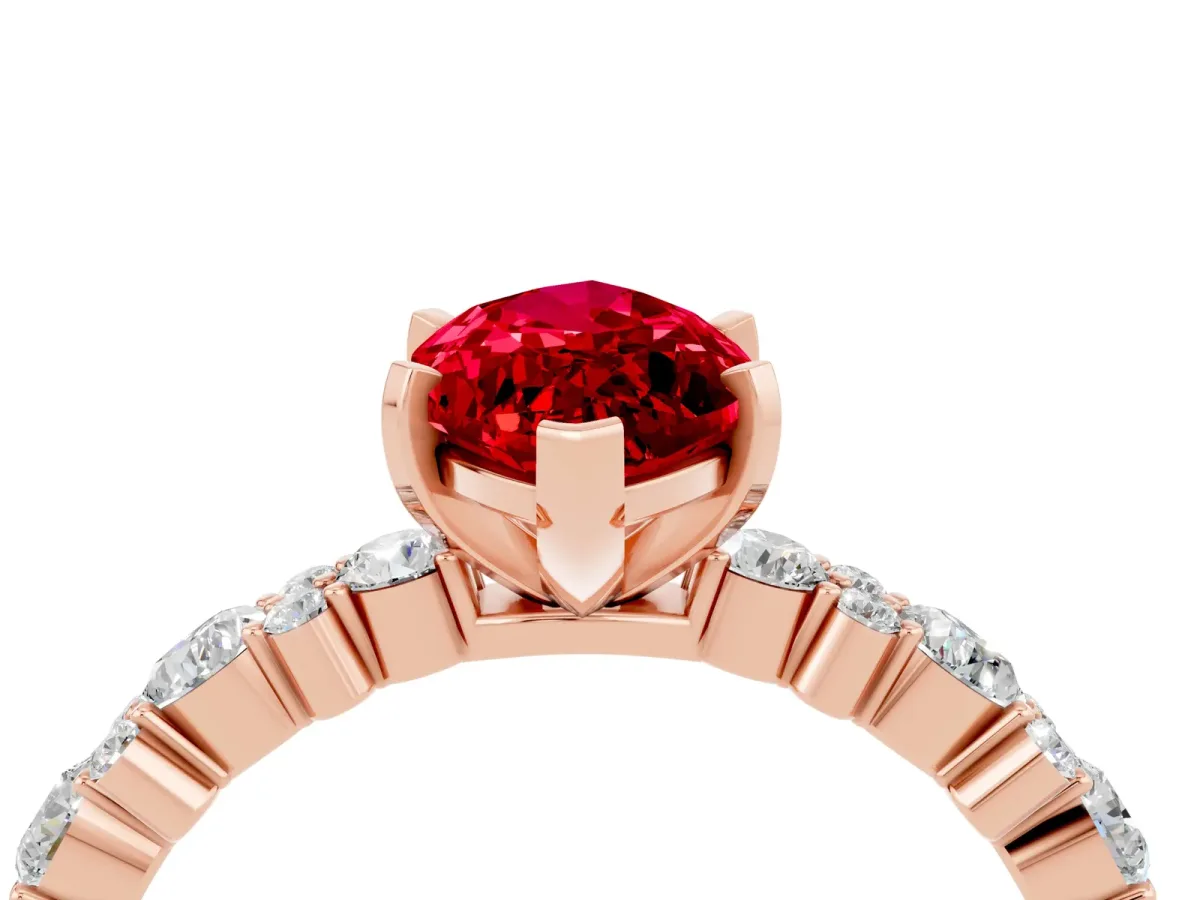 Marquise Cut Ruby Side Stone Solitaire Ring with Round and Four-Prong Setting Rose gold