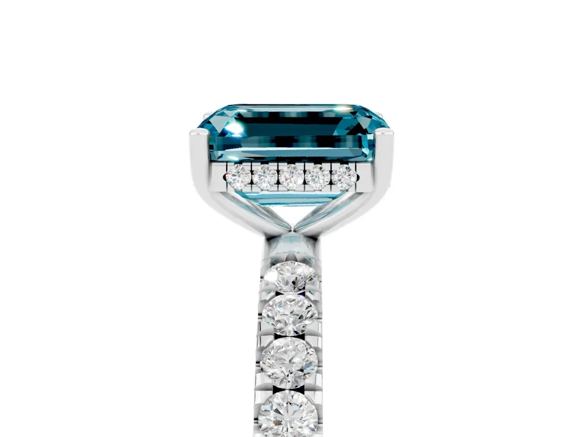Emerald Cut Blue Topaz Pave Band Solitaire Ring with Round and Prong Setting Platinum