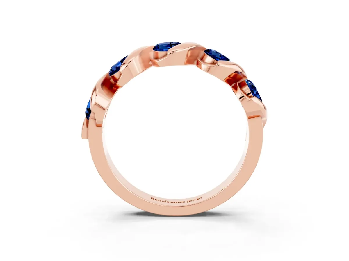Round Blue Sapphire Wave Band with Channel Setting and Shared Prongs Rose gold