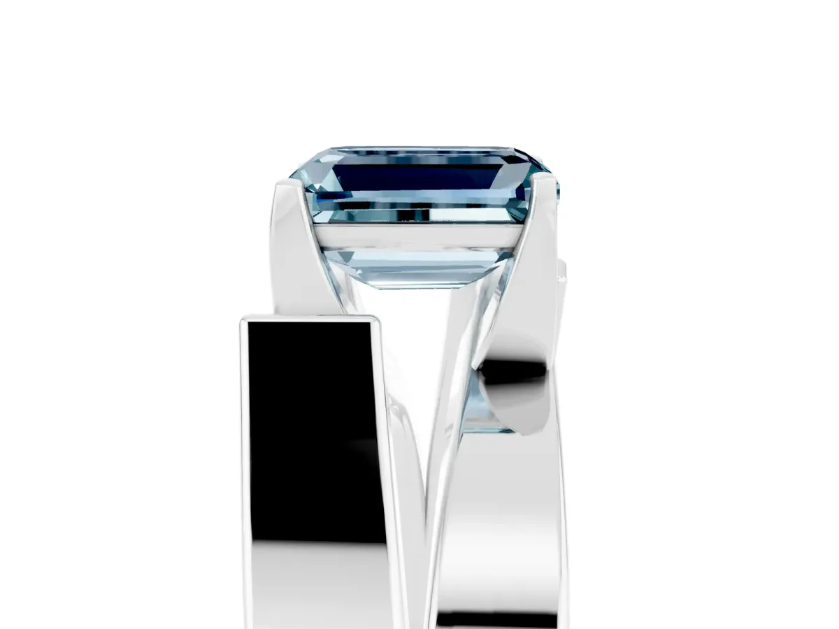 Modern Tension Set Emerald Cut Aquamarine Solitaire Wide Band Ring Silver