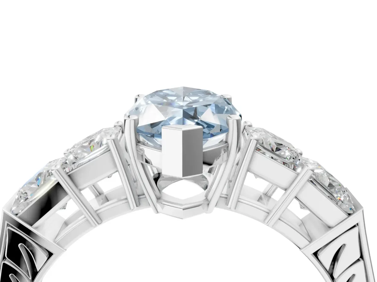 Fancy Blue Marquise Cut Solitaire Princess Side Stone Engraved Band Prong Setting Ring Silver