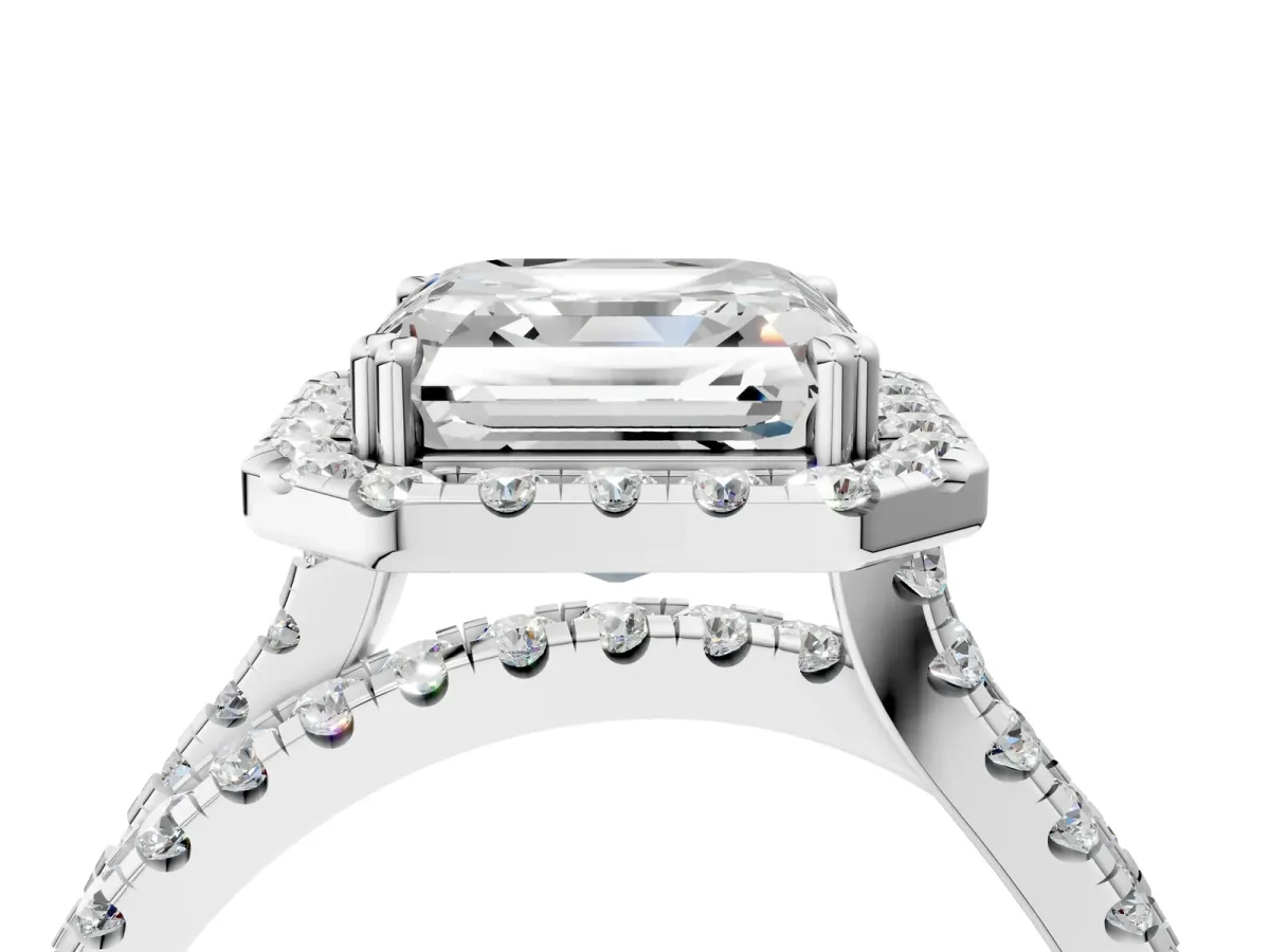 Asscher Cut Halo Split Shank Diamond Ring with Pavé Setting Platinum