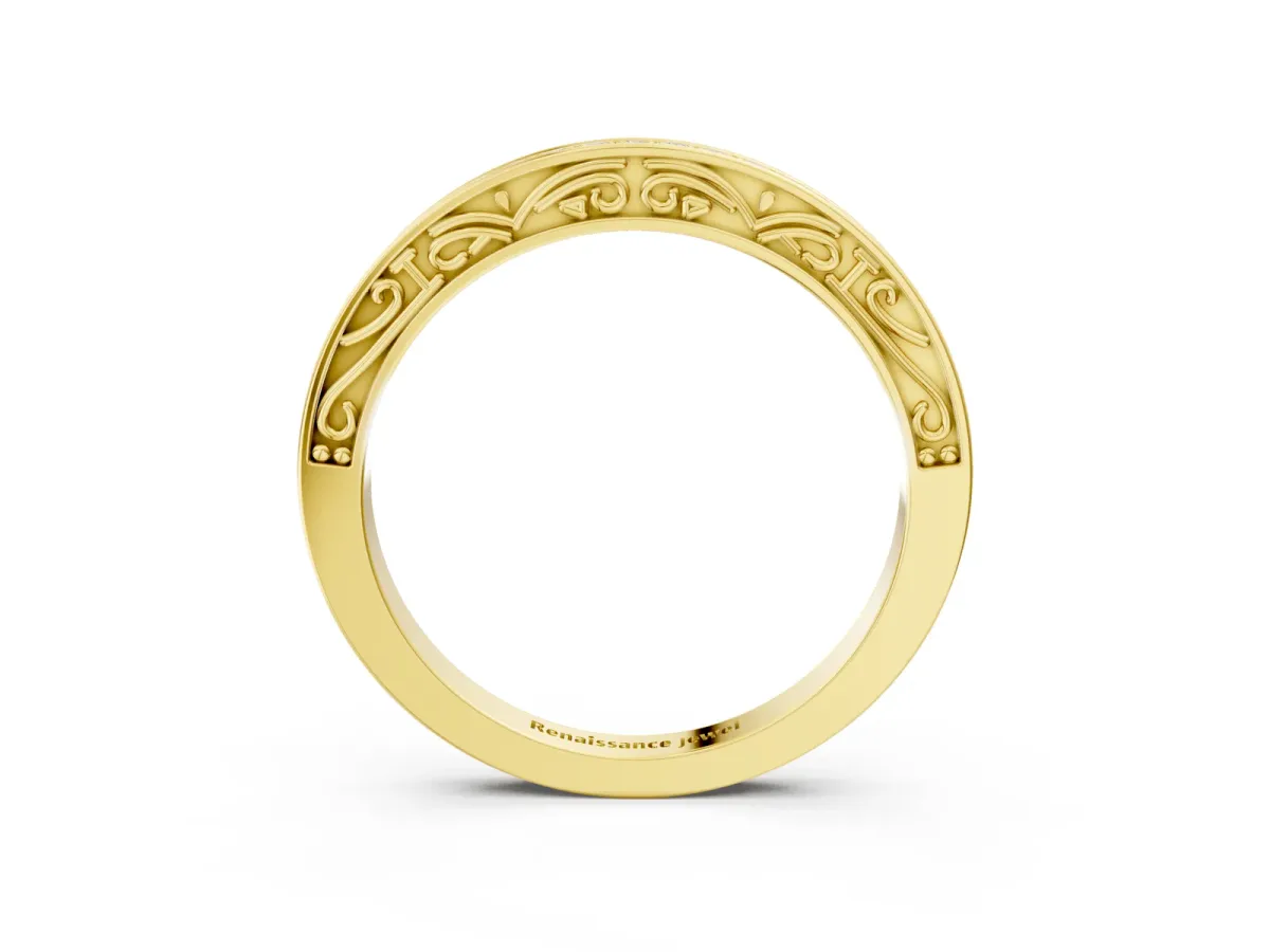 Channel Set Round Diamond Milgrain Engraved Band Yellow gold