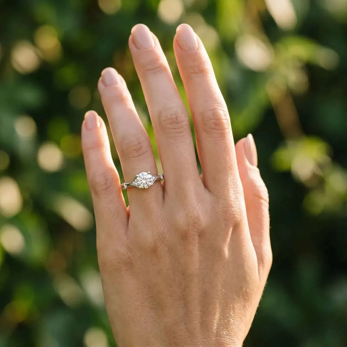Round Cut Cut Solitaire Engagement Ring with Pave Band and Four-Prong Setting Silver