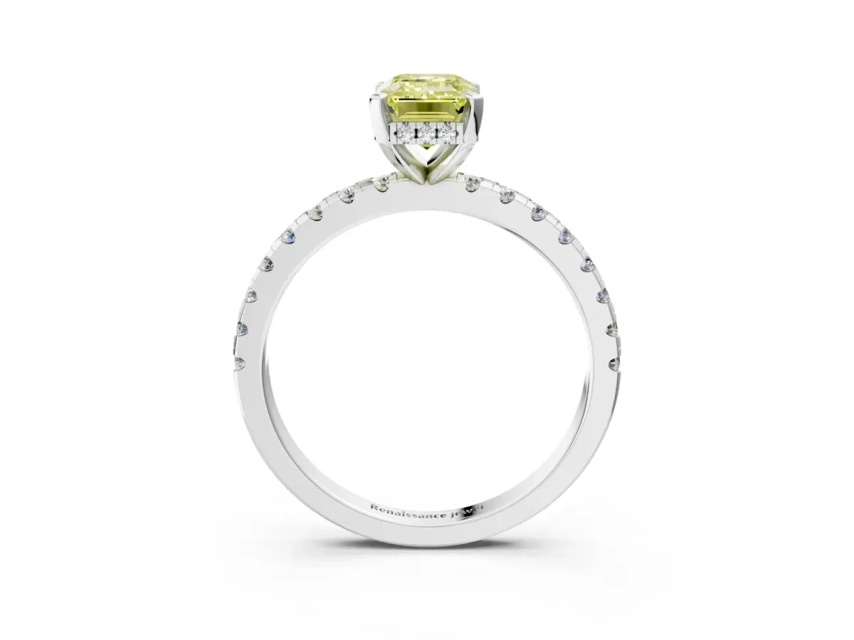 Fancy Yellow Emerald Cut Diamond Solitaire Ring with Round Pavé Band and Four-Prong Setting Silver