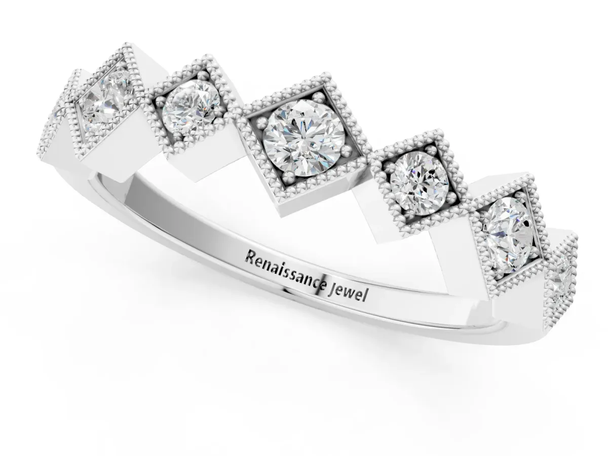 Milgrain Square Bezel Round Diamond Chevron Band Silver